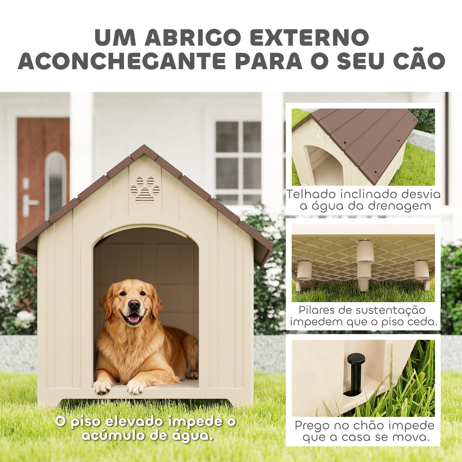 Casota para cães de exterior casa para cães grandes de plástico com 2 janelas base elevada estacas bege