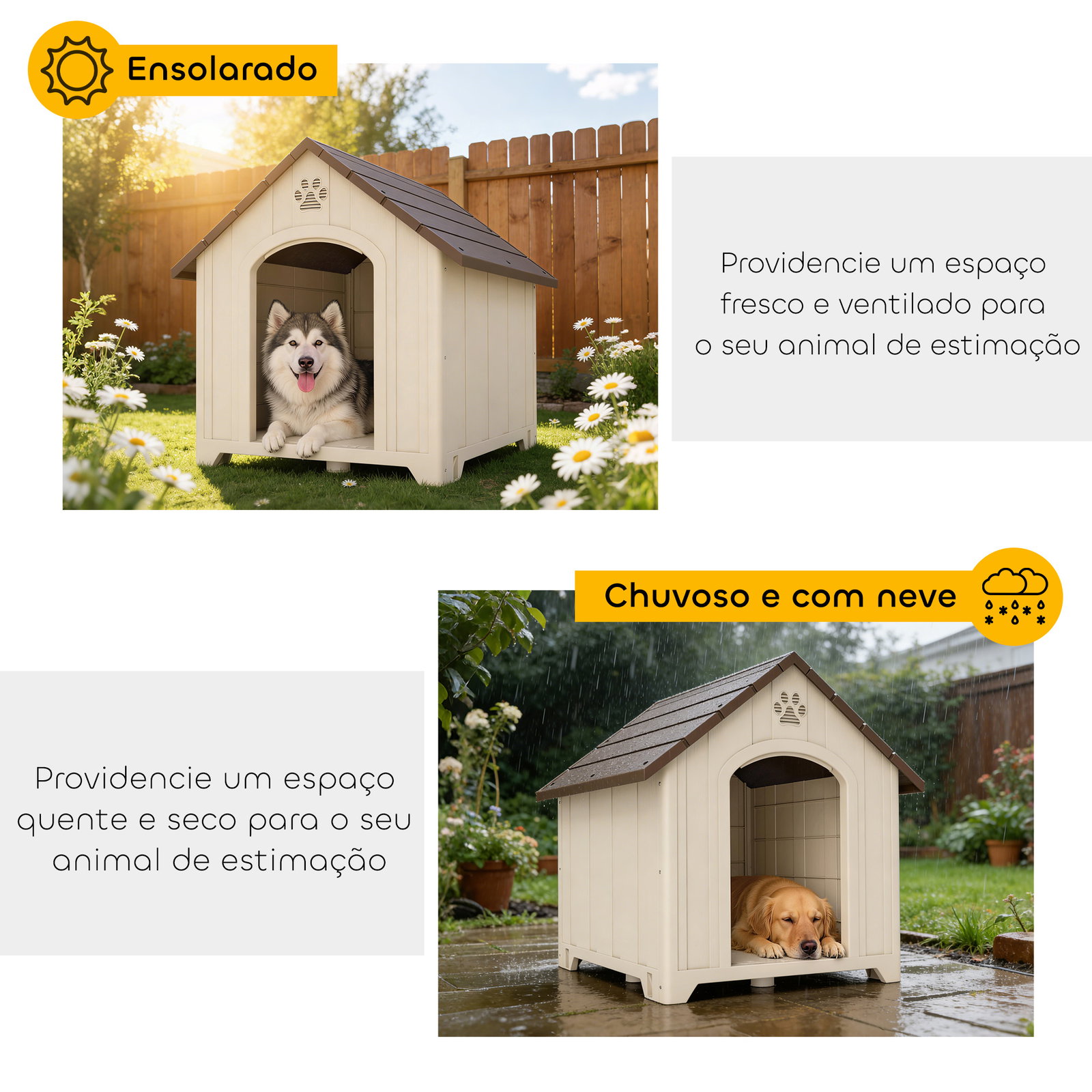 Casota para cães de exterior casa para cães grandes de plástico com 2 janelas base elevada estacas bege