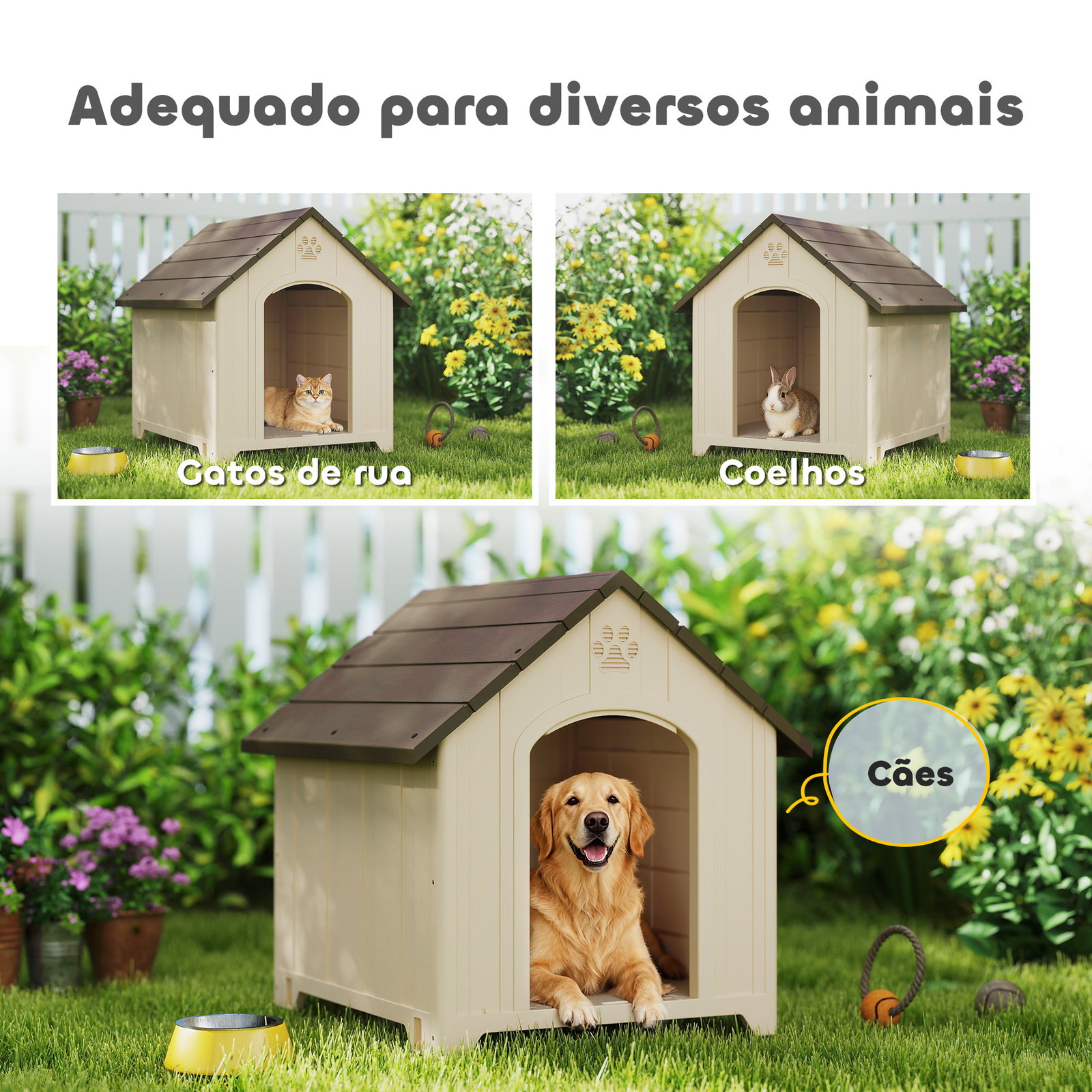 Casota para cães de exterior casa para cães grandes de plástico com 2 janelas base elevada estacas bege