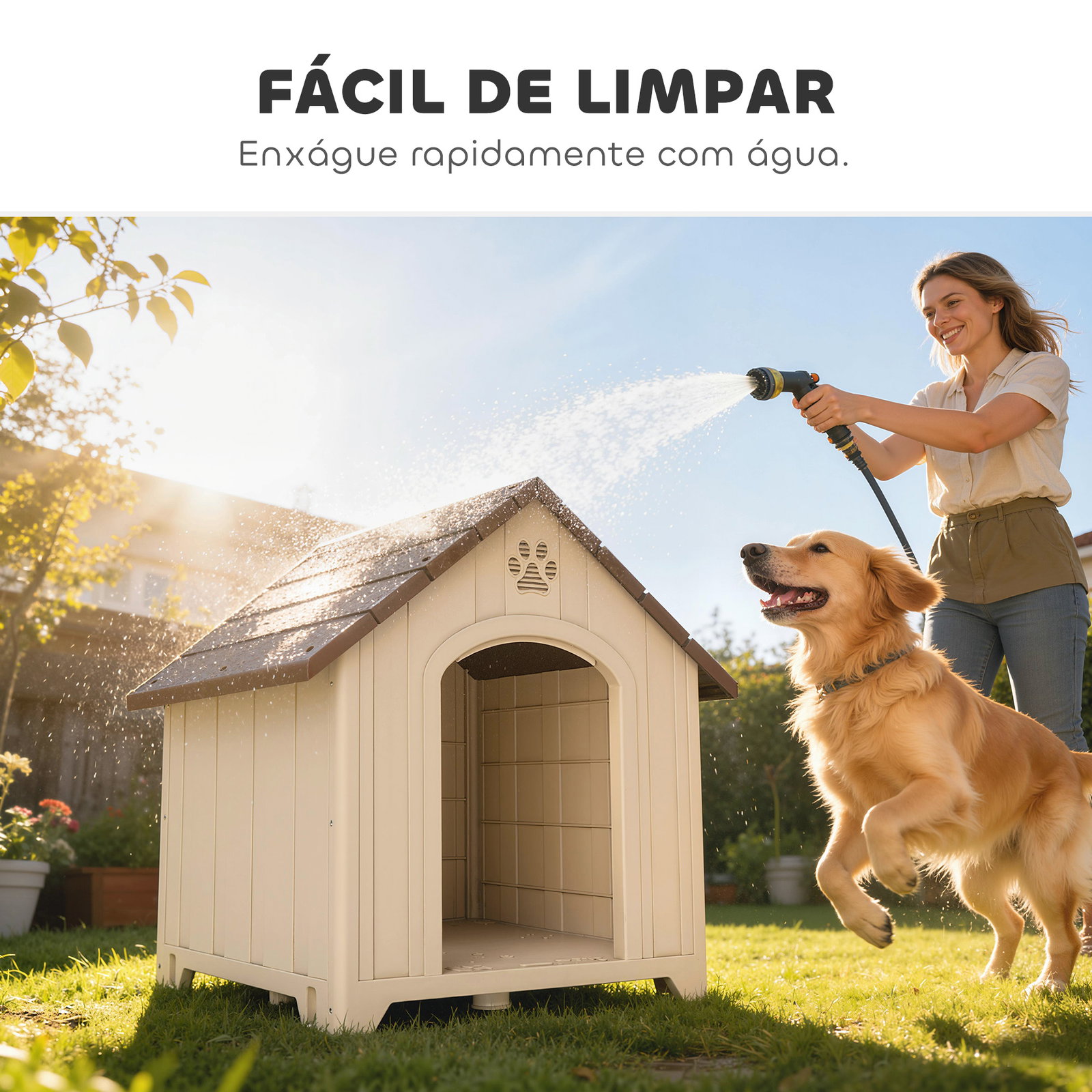 Casota para cães de exterior casa para cães grandes de plástico com 2 janelas base elevada estacas bege