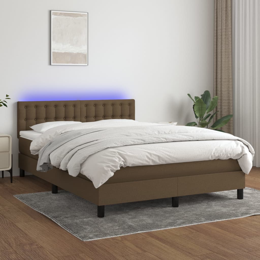 Cama box spring c/ colchão/LED 140x190cm tecido castanho-escuro