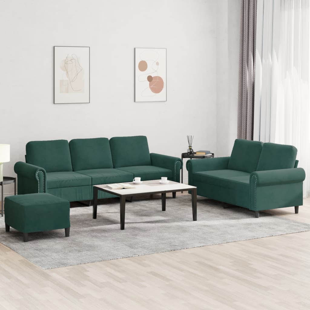 3 Pcs conjunto de sofás com almofadões veludo verde-escuro