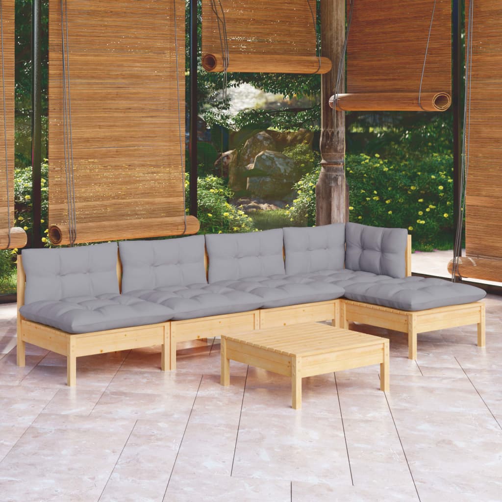 6 Pcs conjunto lounge de jardim c/ almofadões cinzentos pinho