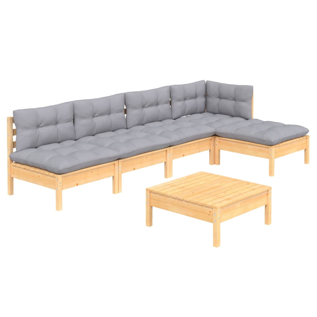 6 Pcs conjunto lounge de jardim c/ almofadões cinzentos pinho
