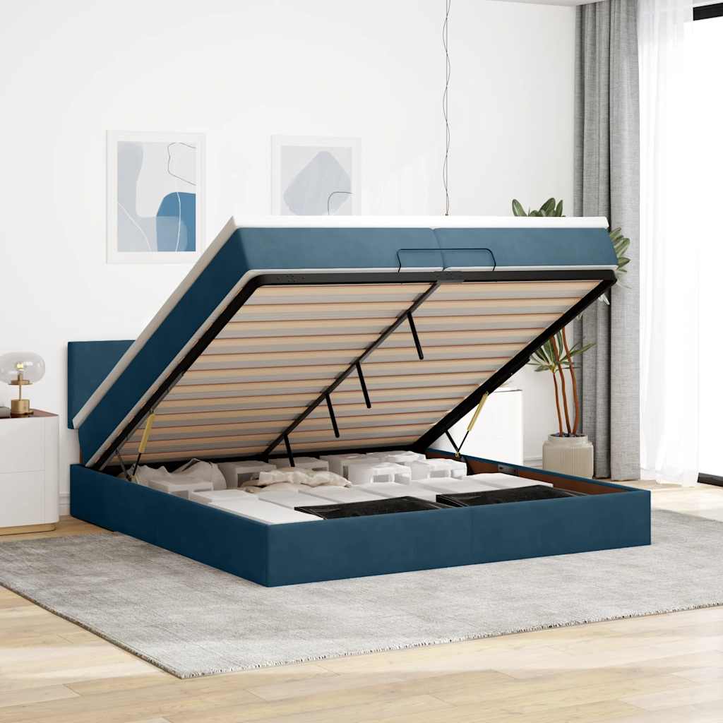 Cama otomana com colchões/leds 200x200 cm veludo azul-escuro