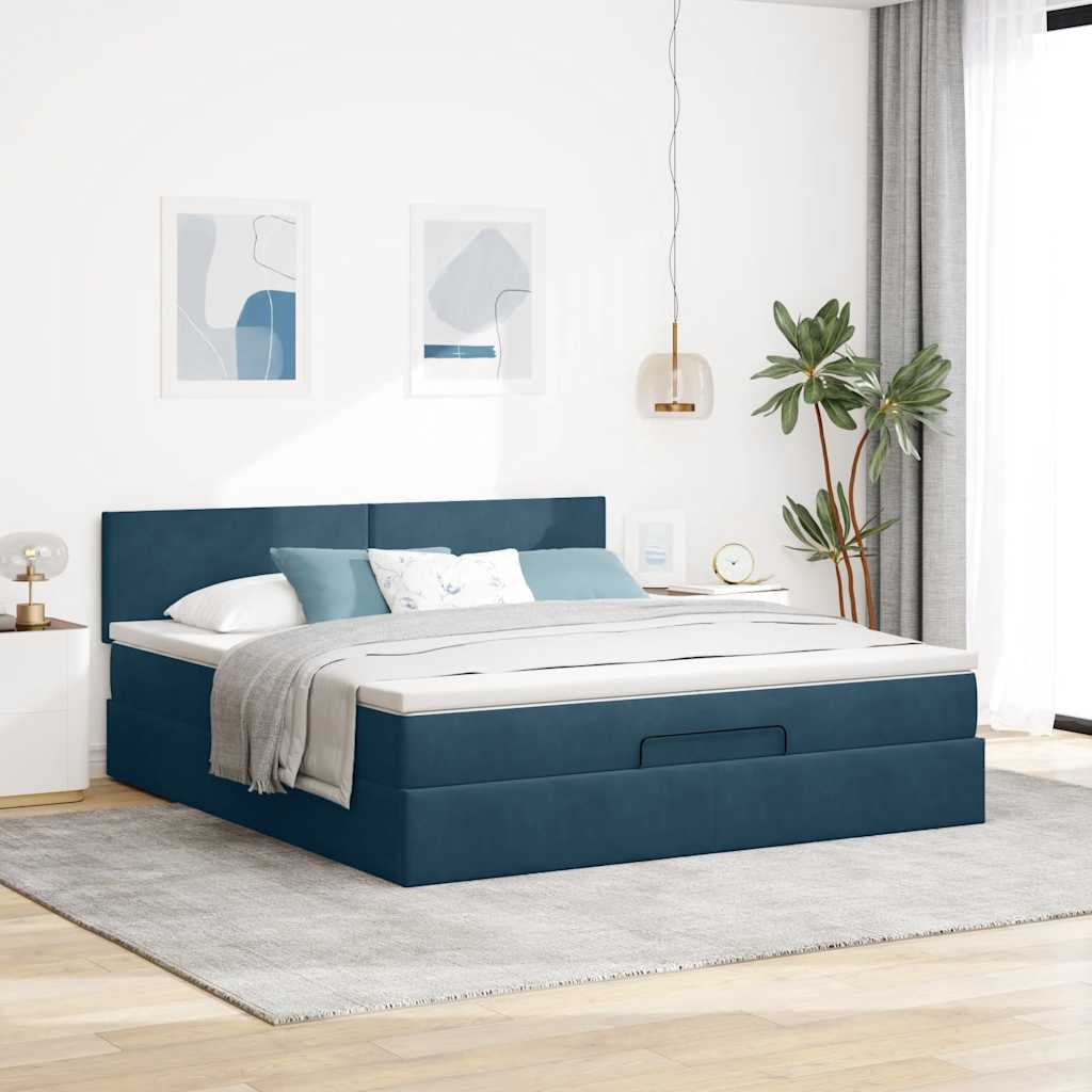 Cama otomana com colchões/leds 200x200 cm veludo azul-escuro