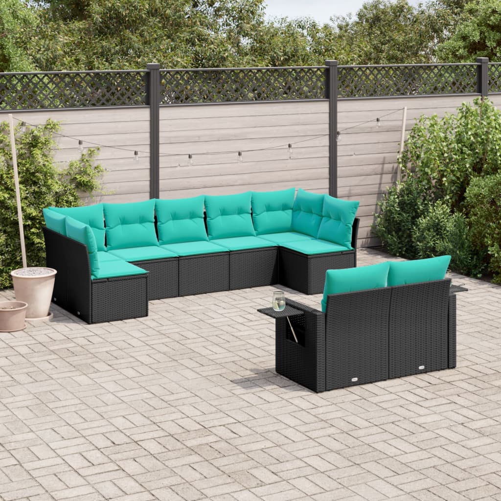 Conjunto de sofá de jardim de 9 peças com almofadas em rattan sintético preto
