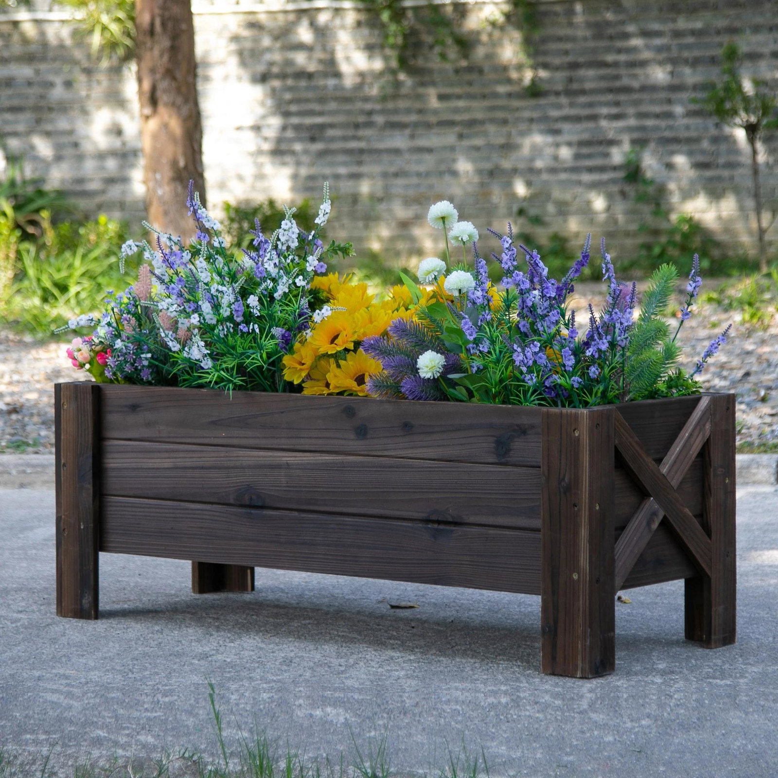 Horta vertical floreira de madeira retangular com pés para flores plantas cultivos 100x36,5x36cm marrom