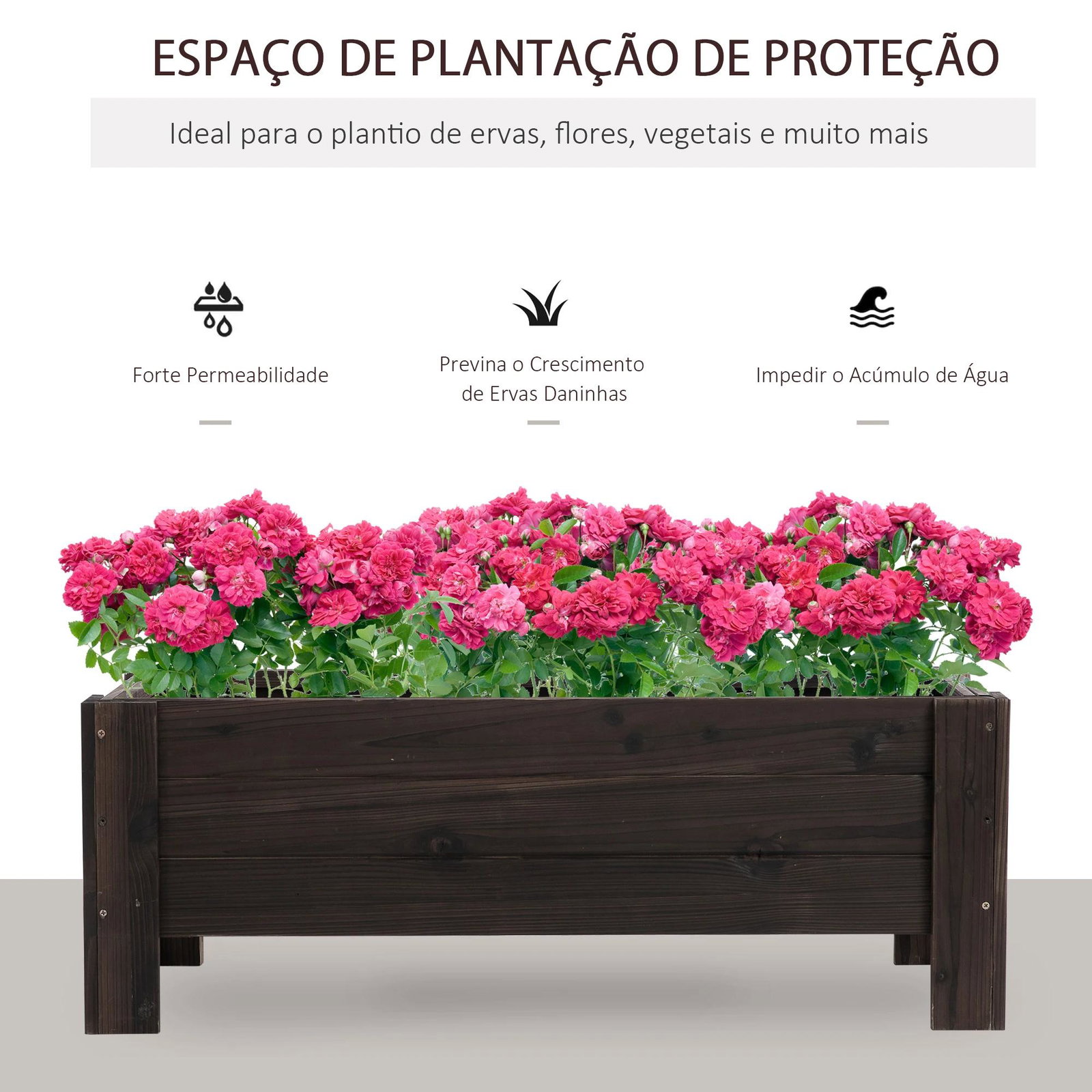 Horta vertical floreira de madeira retangular com pés para flores plantas cultivos 100x36,5x36cm marrom