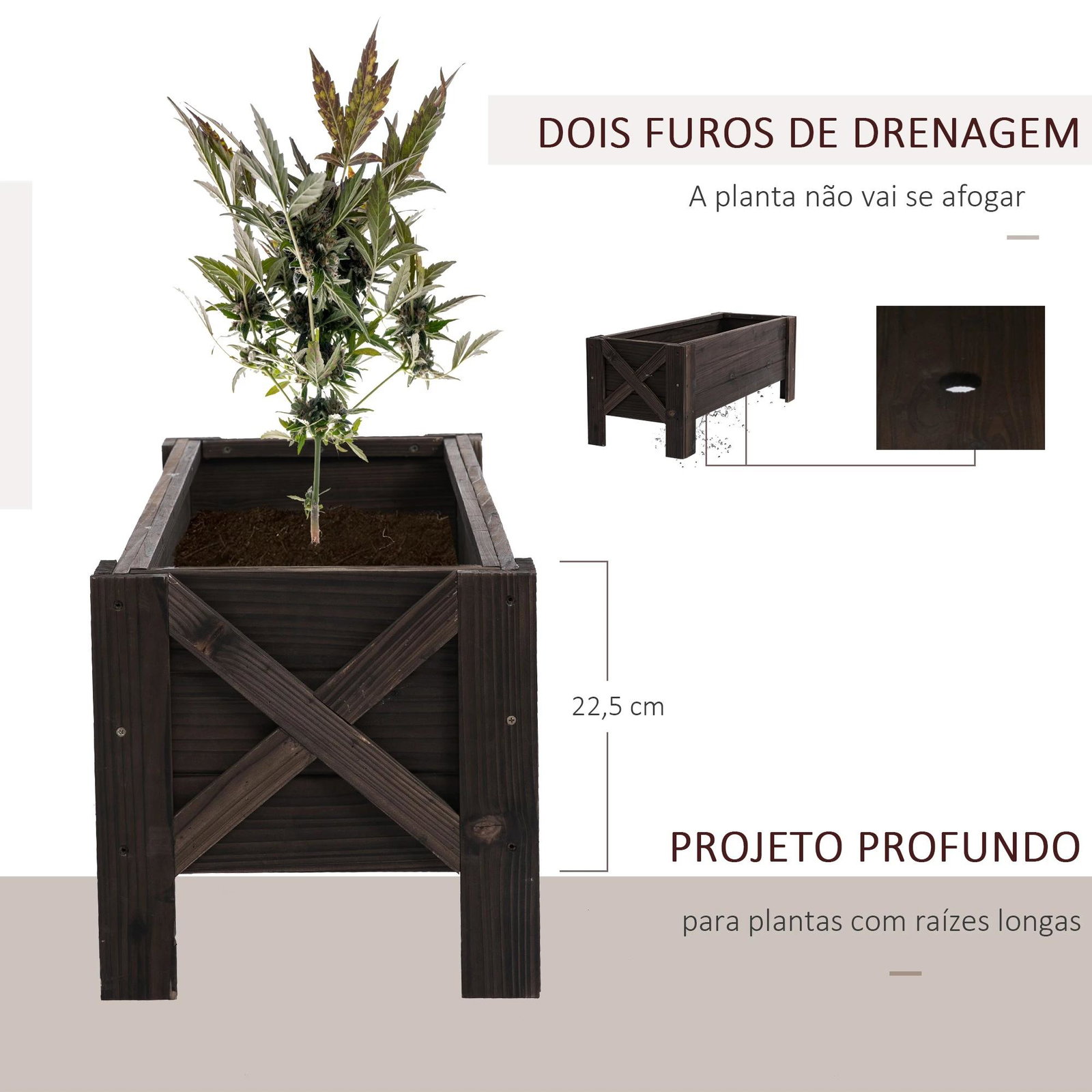 Horta vertical floreira de madeira retangular com pés para flores plantas cultivos 100x36,5x36cm marrom