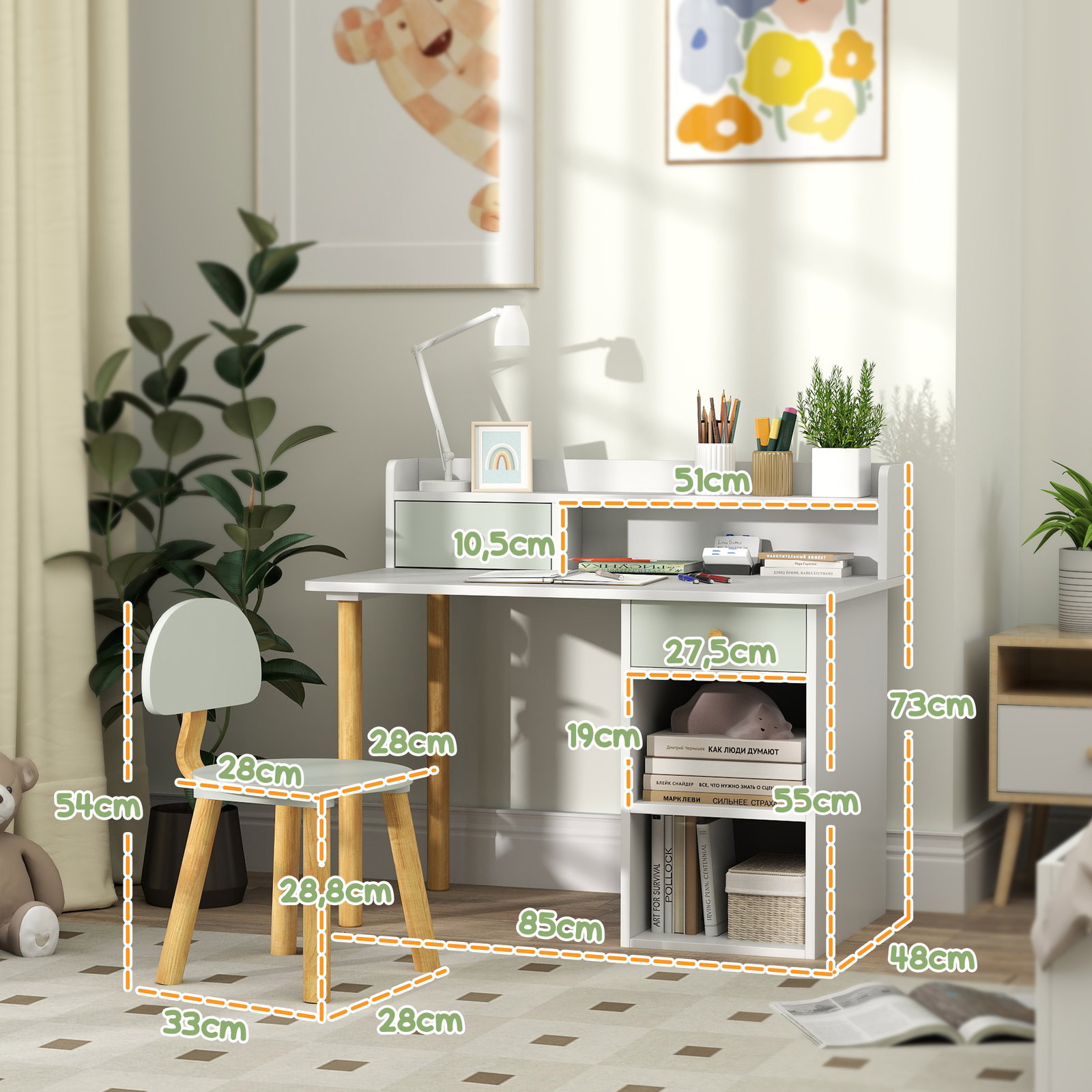 Conjunto de secretária e cadeira para crianças mesa de estudo com prateleiras e gaveta carga 80 kg 85x48x73 cm verde