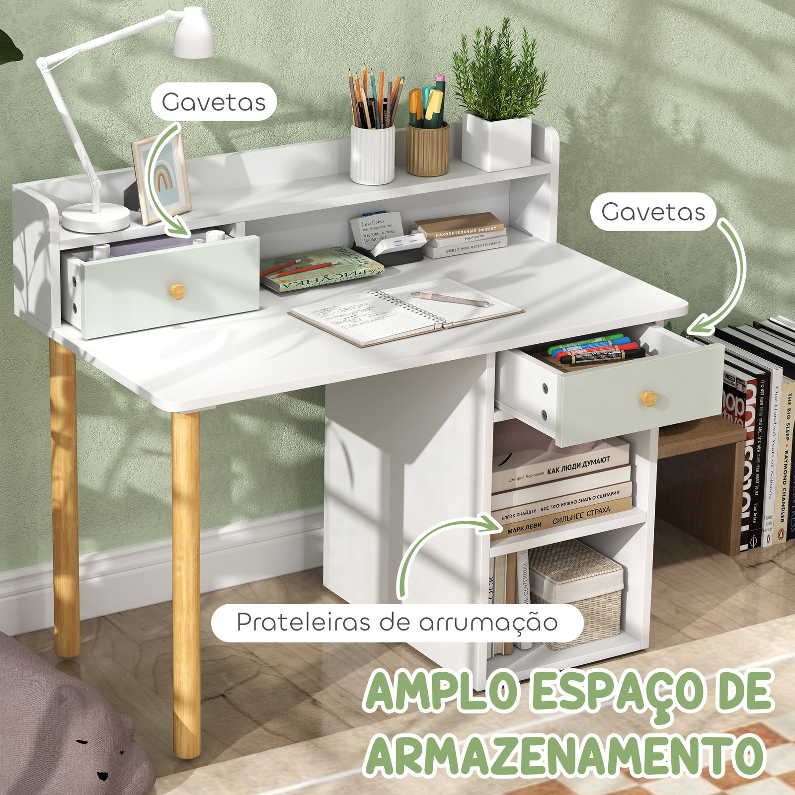 Conjunto de secretária e cadeira para crianças mesa de estudo com prateleiras e gaveta carga 80 kg 85x48x73 cm verde