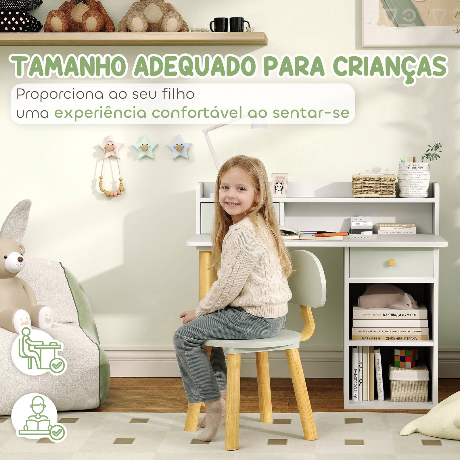 Conjunto de secretária e cadeira para crianças mesa de estudo com prateleiras e gaveta carga 80 kg 85x48x73 cm verde