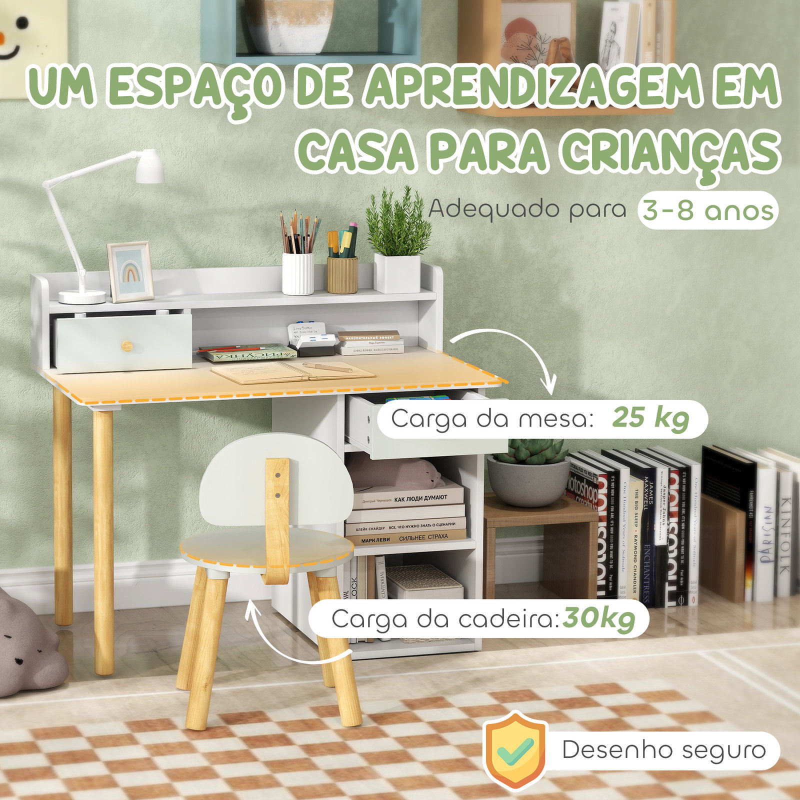 Conjunto de secretária e cadeira para crianças mesa de estudo com prateleiras e gaveta carga 80 kg 85x48x73 cm verde