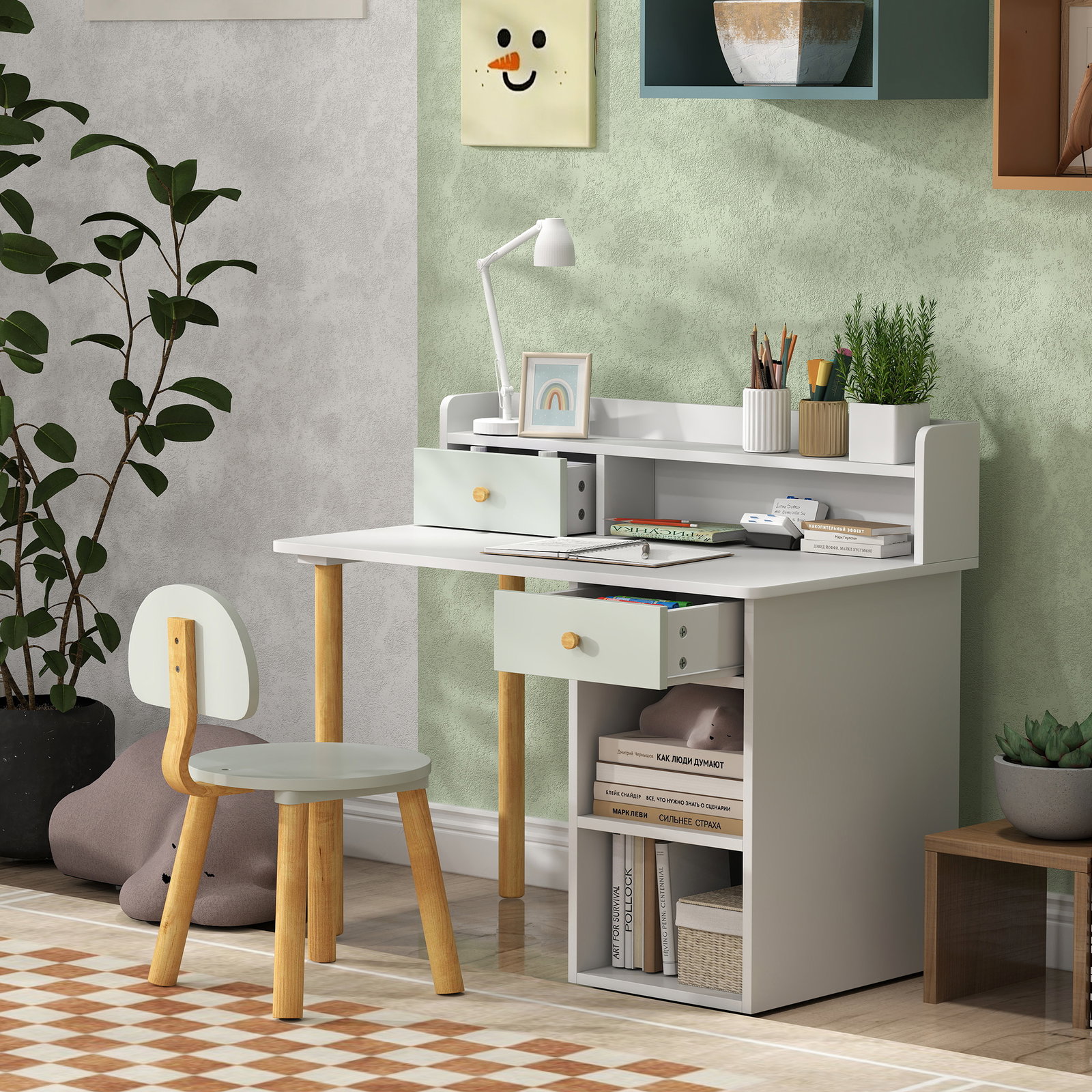 Conjunto de secretária e cadeira para crianças mesa de estudo com prateleiras e gaveta carga 80 kg 85x48x73 cm verde