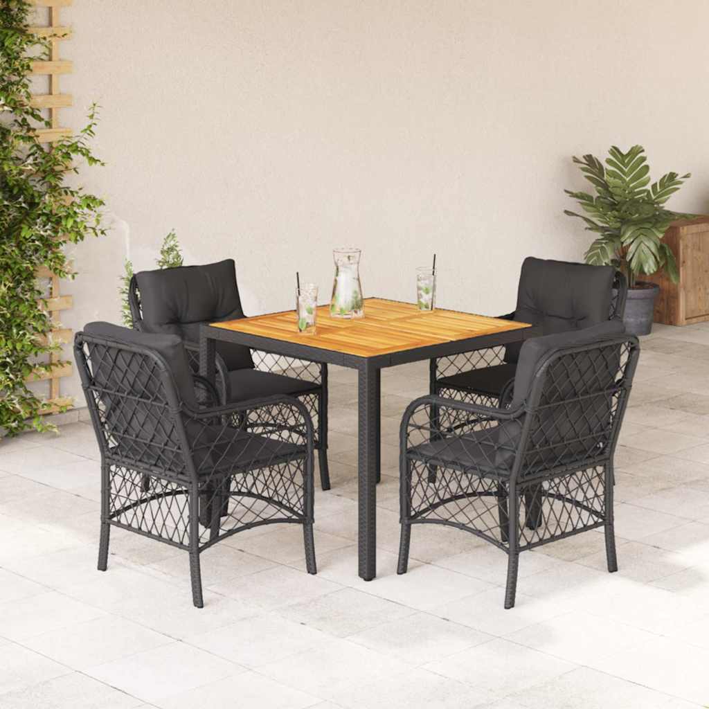 5 Pcs conjunto de jantar p/ jardim c/ almofadões vime PE preto