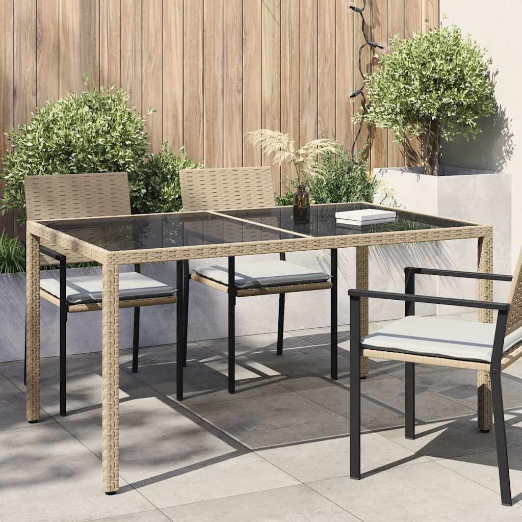 Mesa de jardim 150x90x75 cm vidro temperado e vime PE bege