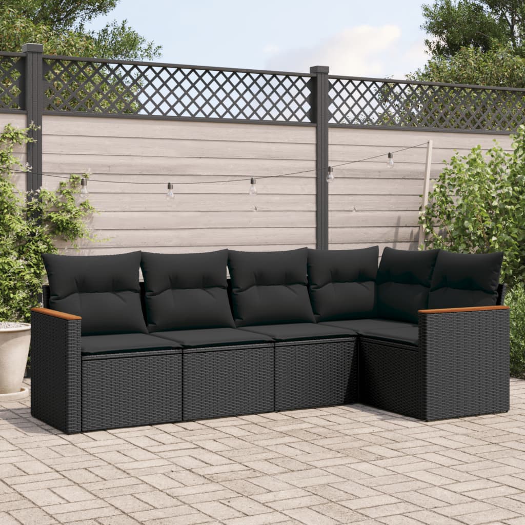5 Pcs conjunto sofás de jardim com almofadões vime PE preto