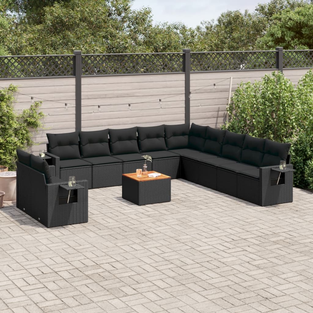 12 Pcs conjunto de sofás de jardim c/ almofadões vime PE preto