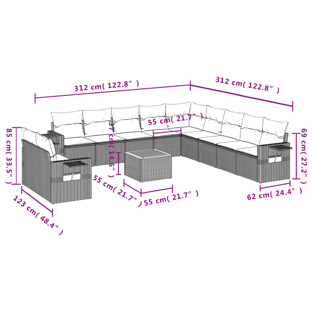 12 Pcs conjunto de sofás de jardim c/ almofadões vime PE preto