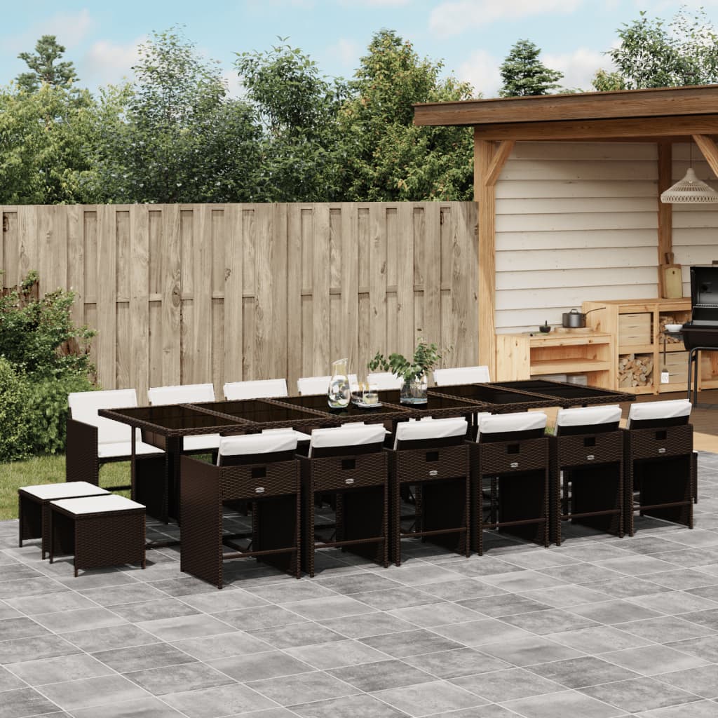 17 Pcs conjunto jantar p/ jardim c/ almofadões vime PE castanho