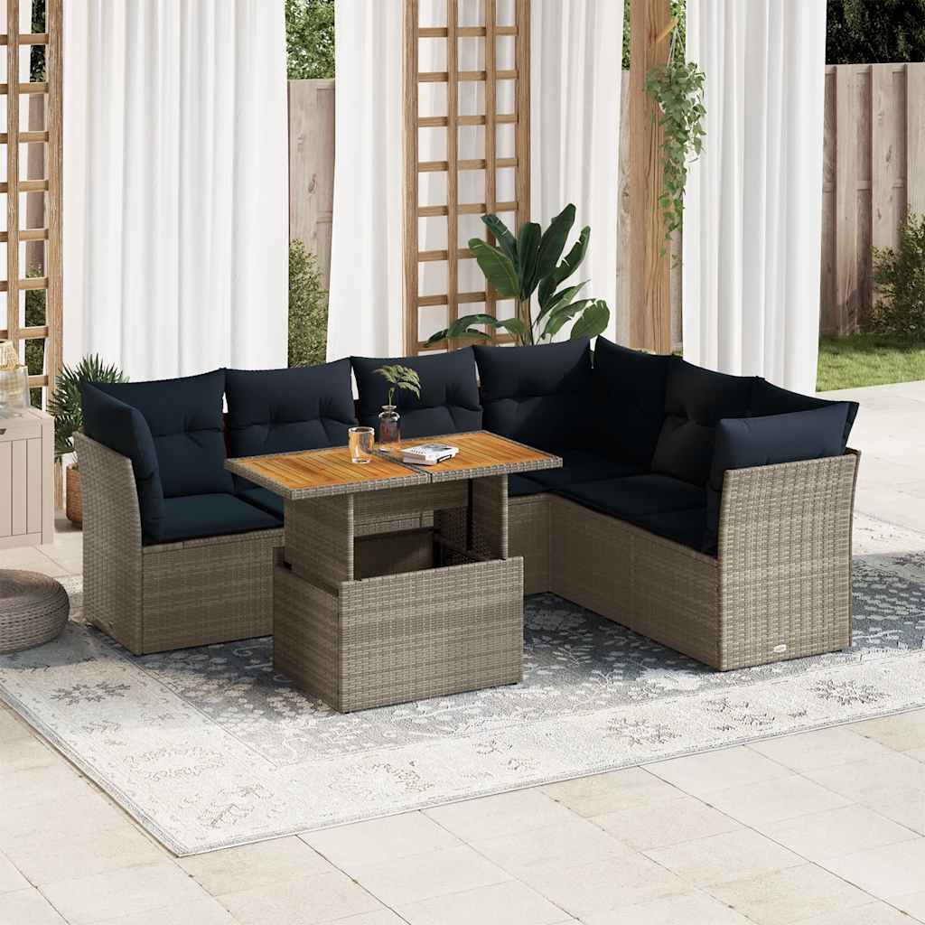 7 Pcs conjunto sofás p/ jardim c/ almofadões vime PE cinzento