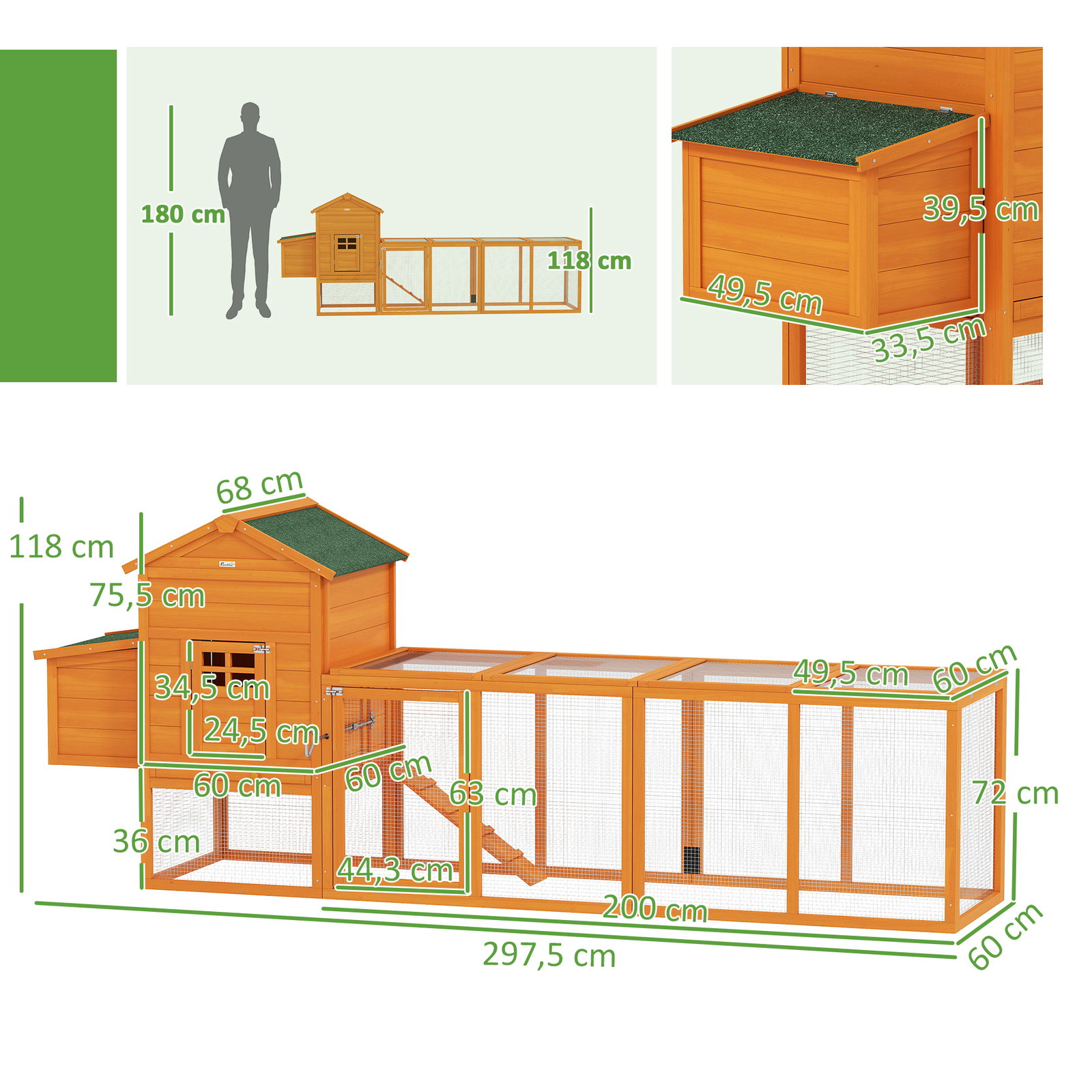 Galinheiro de madeira para 3-6 galinhas com teto asfáltico porta com trava bandeja amovível e rampa 297,5x68x118cm madeira