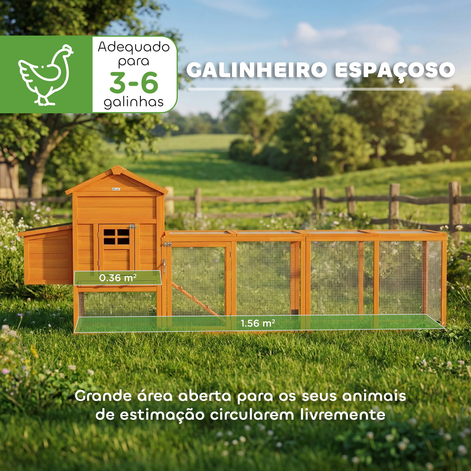 Galinheiro de madeira para 3-6 galinhas com teto asfáltico porta com trava bandeja amovível e rampa 297,5x68x118cm madeira