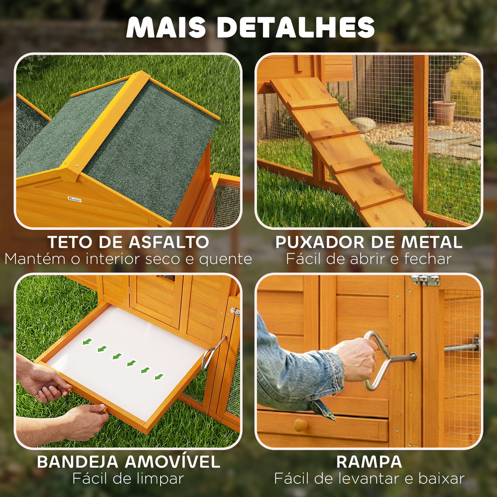 Galinheiro de madeira para 3-6 galinhas com teto asfáltico porta com trava bandeja amovível e rampa 297,5x68x118cm madeira