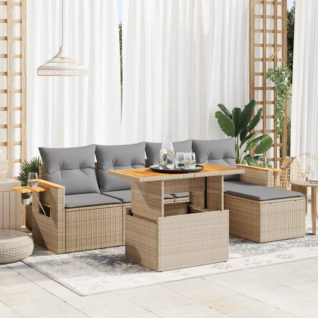 6 Pcs conjunto sofás jardim com almofadões vime PE/acácia bege