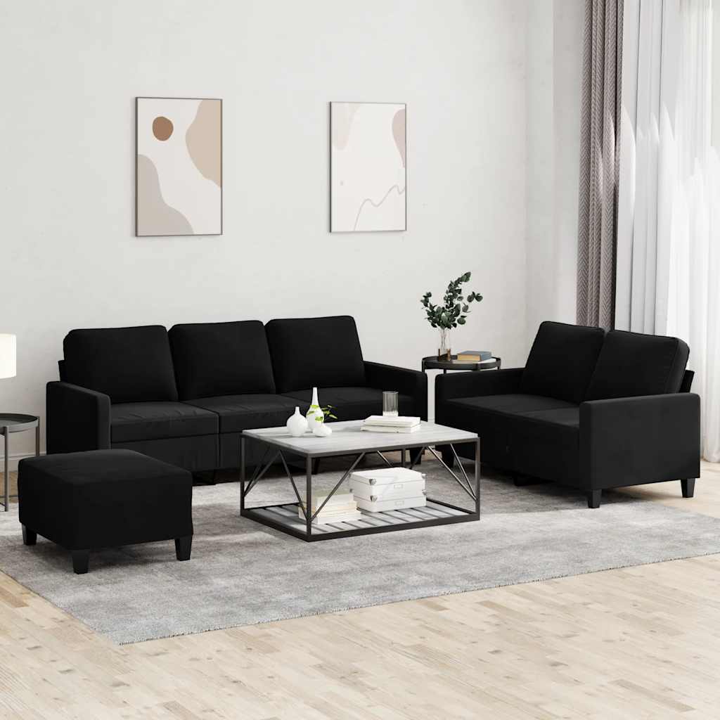 3 Pcs conjunto de sofás com almofadões veludo preto
