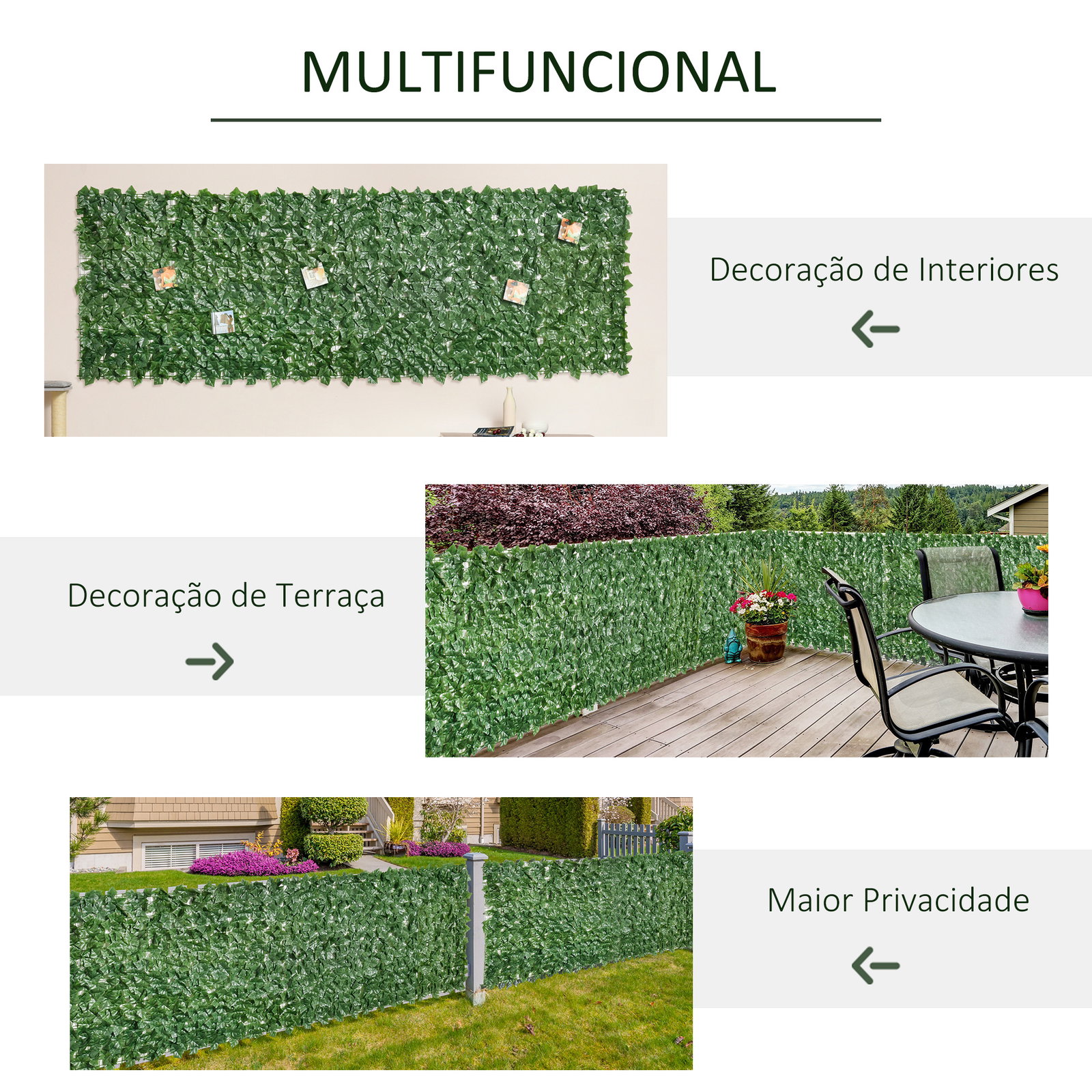 Vedação Artificial em Rolo 3m Vedação de Privacidade para Balcão Jardim Exterior Planta Decorativa de Parede PE Verde