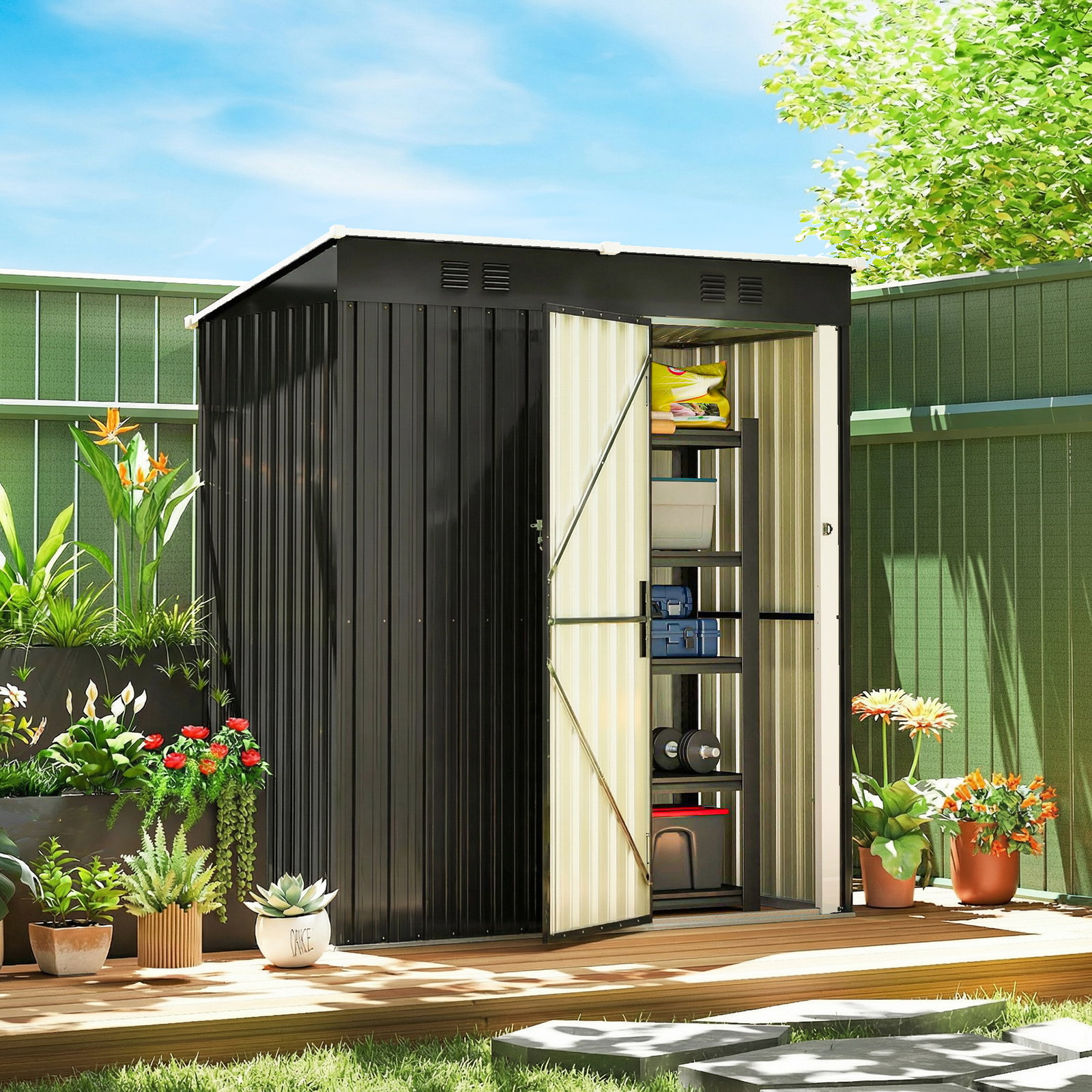 Abrigo de jardim exterior 1,37 m² 163x90x179 cm com porta com fechadura e grelhas de ventilação cinzento escuro