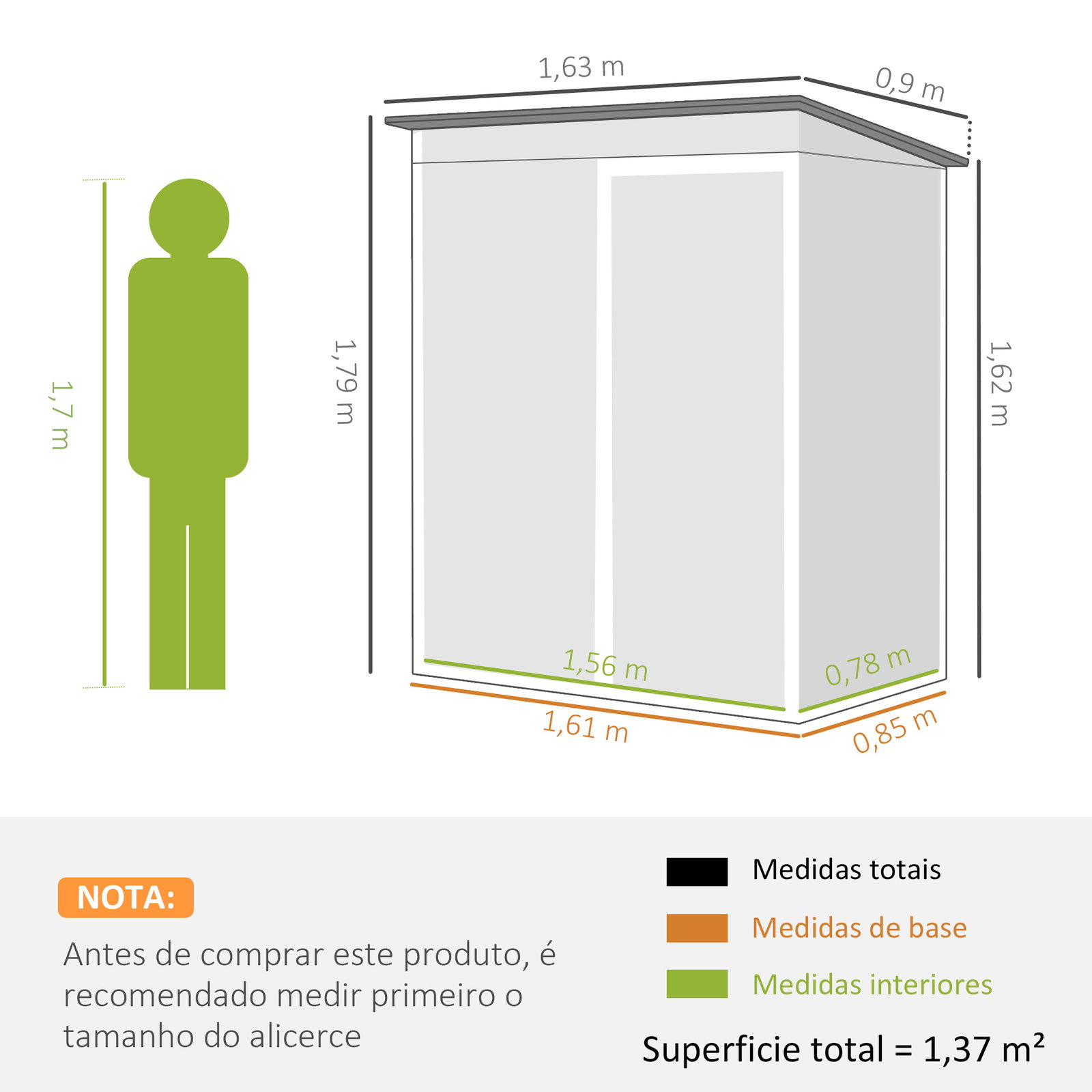 Abrigo de jardim exterior 1,37 m² 163x90x179 cm com porta com fechadura e grelhas de ventilação cinzento escuro
