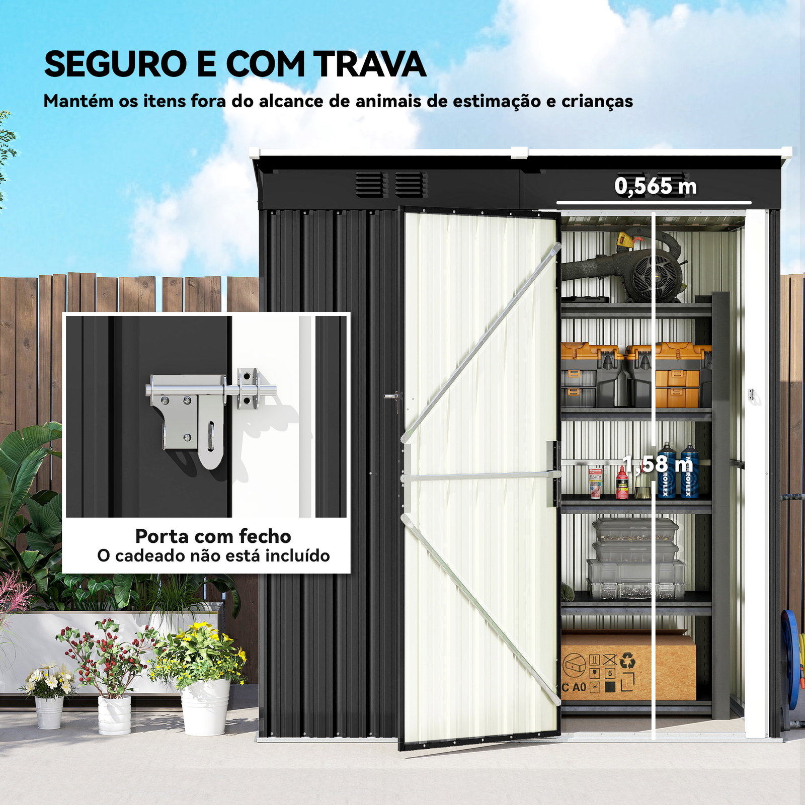 Abrigo de jardim exterior 1,37 m² 163x90x179 cm com porta com fechadura e grelhas de ventilação cinzento escuro