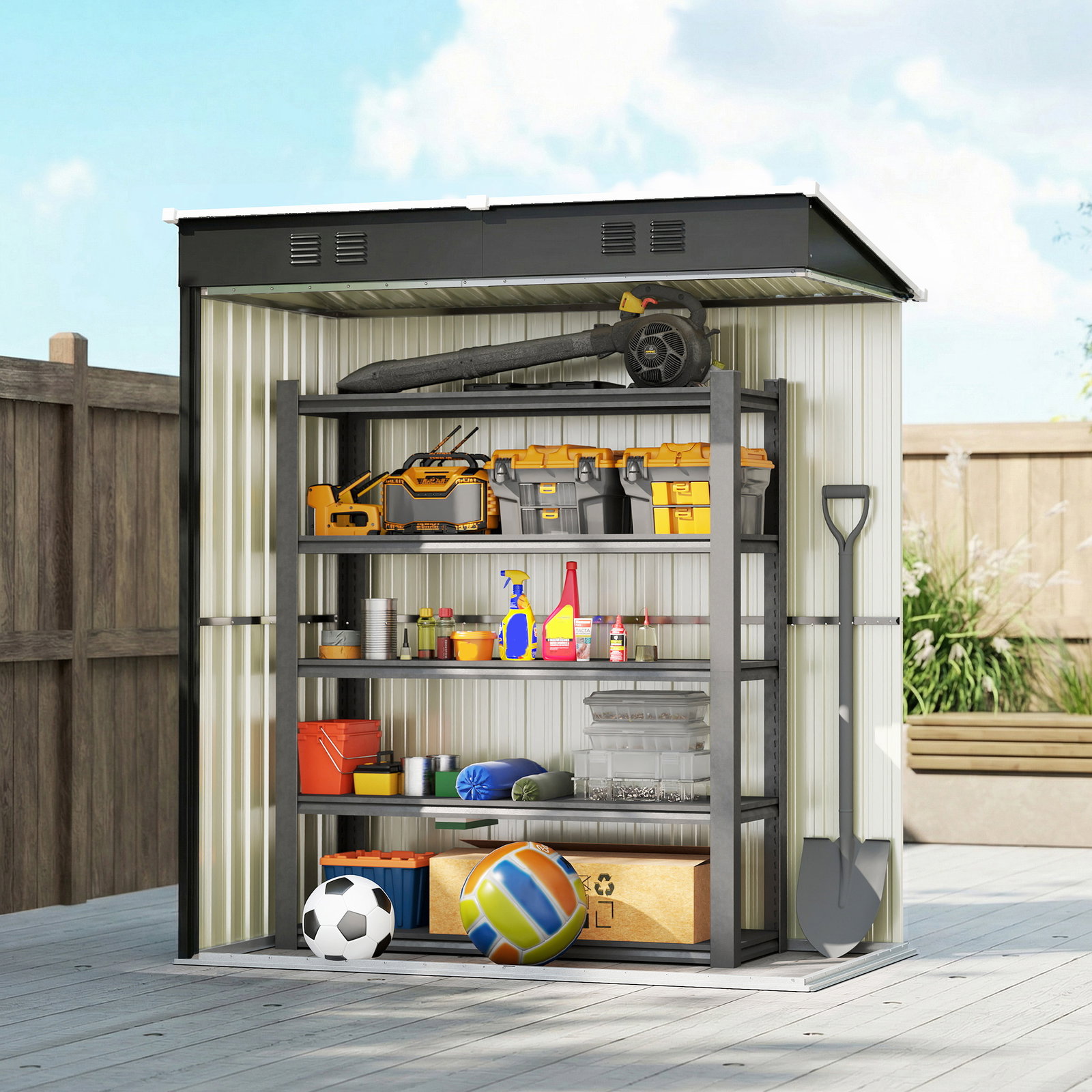 Abrigo de jardim exterior 1,37 m² 163x90x179 cm com porta com fechadura e grelhas de ventilação cinzento escuro