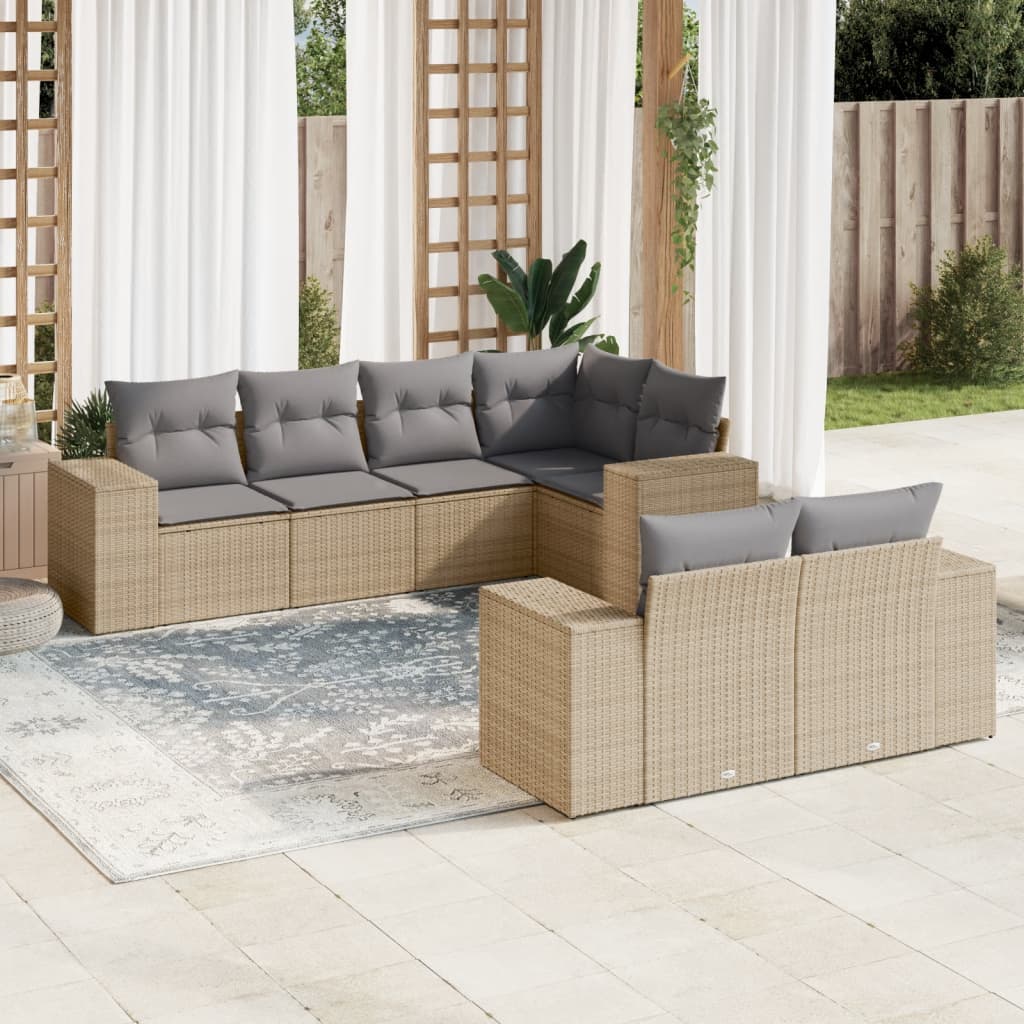 7 Pcs conjunto de sofás p/ jardim com almofadões vime PE bege