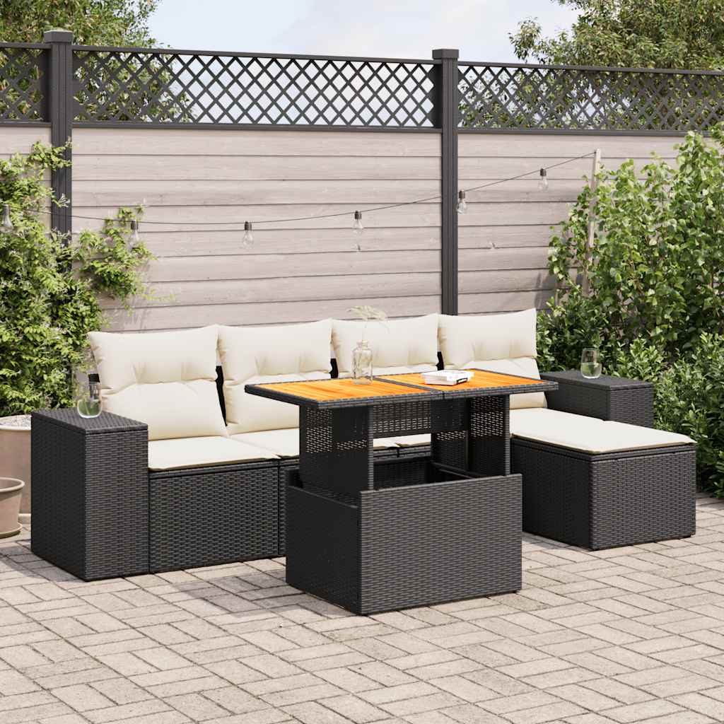 6 Pcs conjunto sofás de jardim c/ almofadões vime PE preto