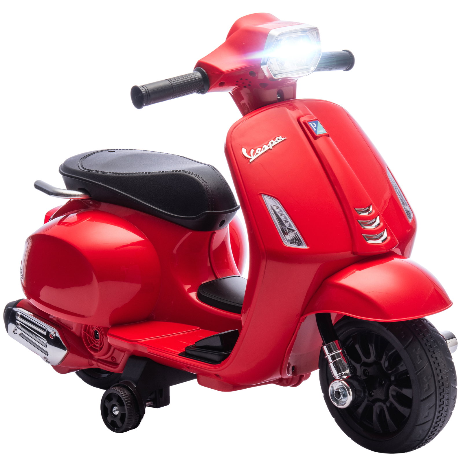 Mota elétrica para crianças 6v com licença vespa rodas auxiliares velocidade de 2,5km/h farol e buzina 71x37x52 cm vermelho