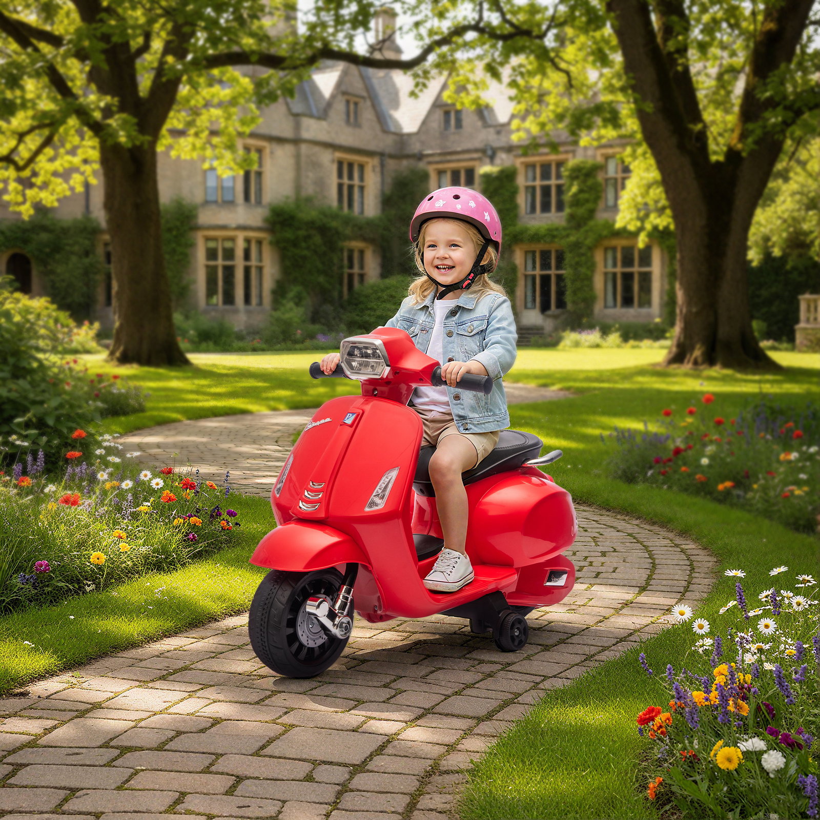 Mota elétrica para crianças 6v com licença vespa rodas auxiliares velocidade de 2,5km/h farol e buzina 71x37x52 cm vermelho