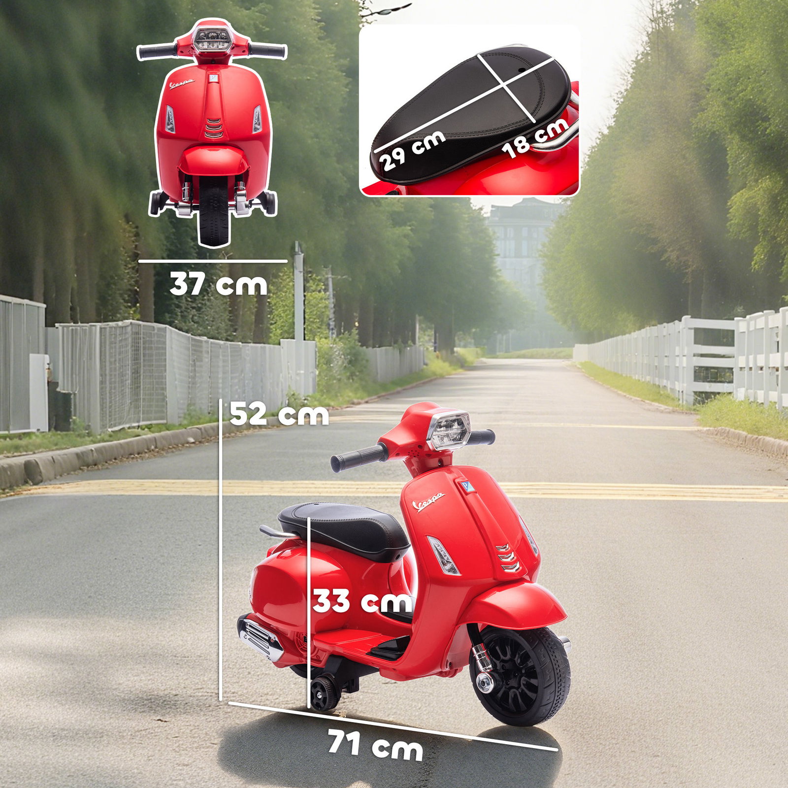 Mota elétrica para crianças 6v com licença vespa rodas auxiliares velocidade de 2,5km/h farol e buzina 71x37x52 cm vermelho