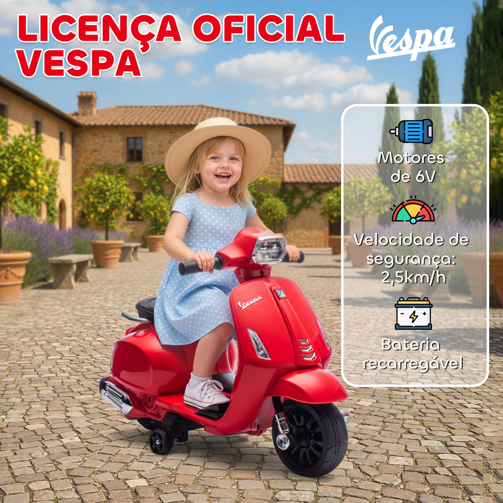 Mota elétrica para crianças 6v com licença vespa rodas auxiliares velocidade de 2,5km/h farol e buzina 71x37x52 cm vermelho