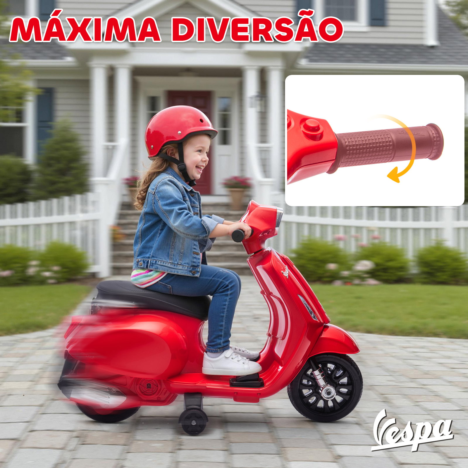 Mota elétrica para crianças 6v com licença vespa rodas auxiliares velocidade de 2,5km/h farol e buzina 71x37x52 cm vermelho