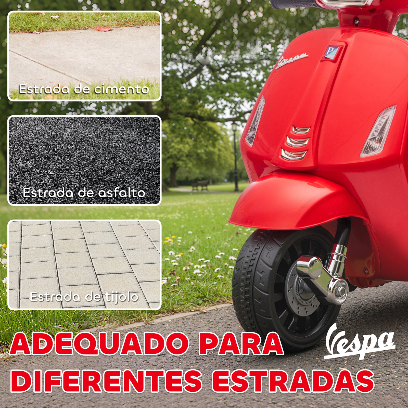 Mota elétrica para crianças 6v com licença vespa rodas auxiliares velocidade de 2,5km/h farol e buzina 71x37x52 cm vermelho