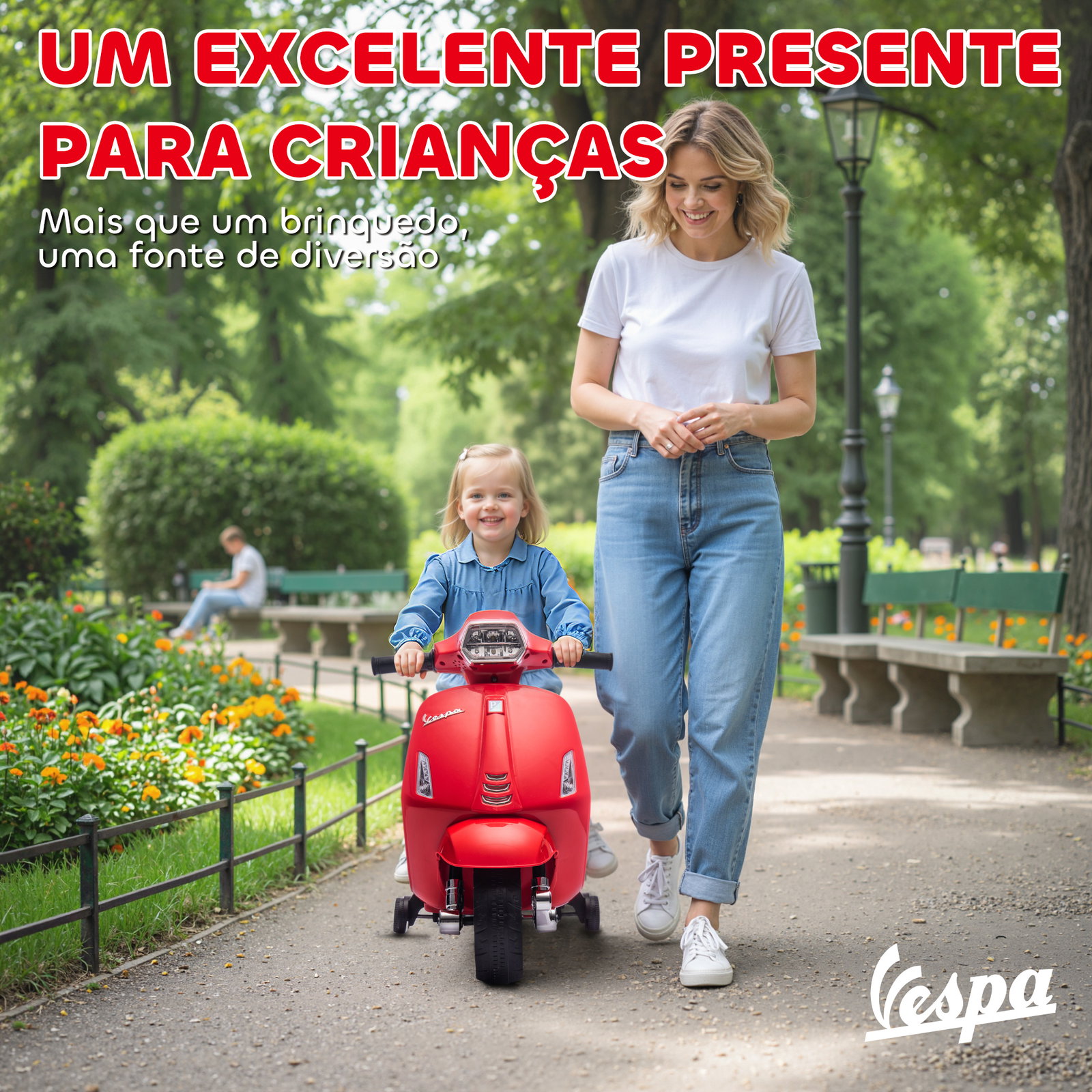 Mota elétrica para crianças 6v com licença vespa rodas auxiliares velocidade de 2,5km/h farol e buzina 71x37x52 cm vermelho