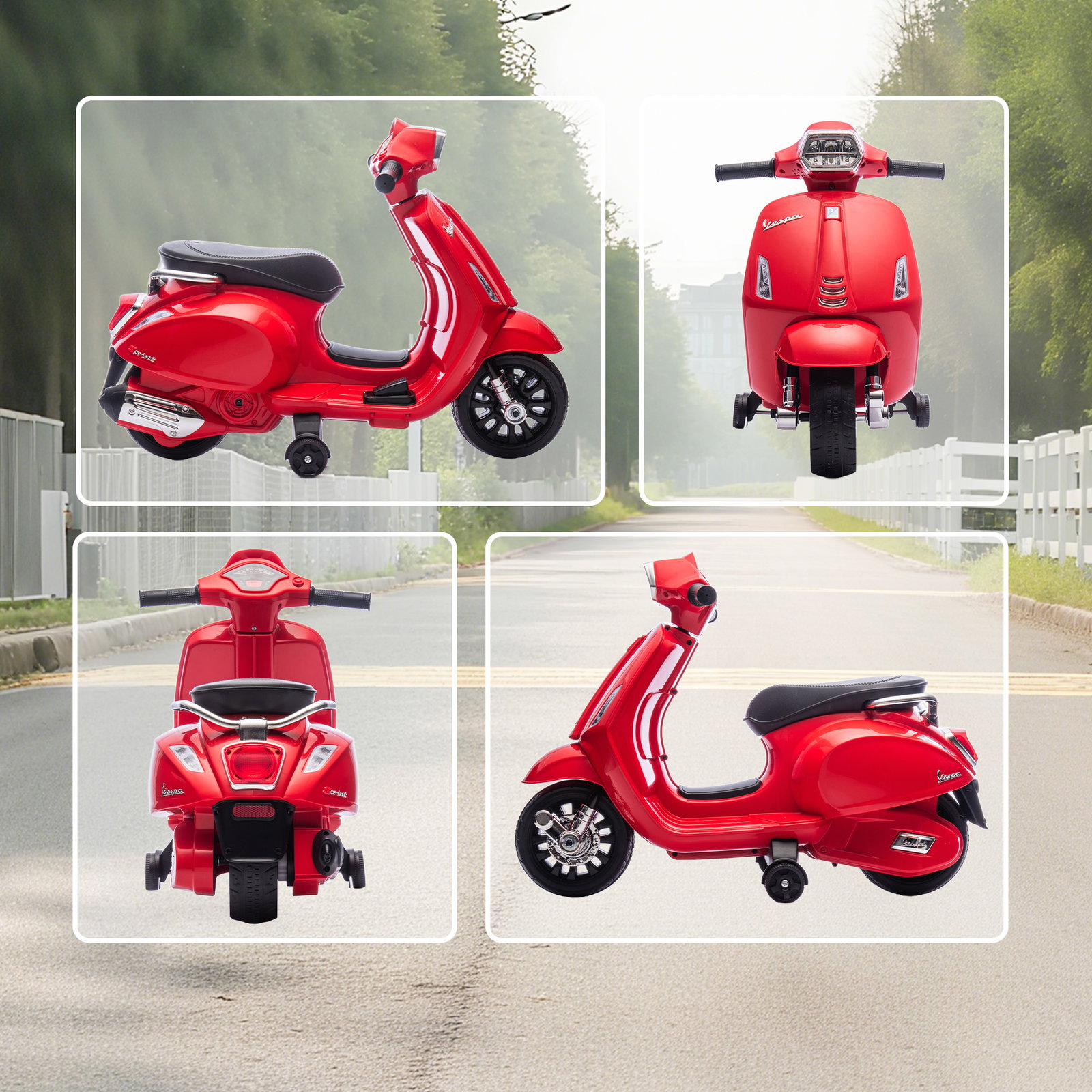Mota elétrica para crianças 6v com licença vespa rodas auxiliares velocidade de 2,5km/h farol e buzina 71x37x52 cm vermelho
