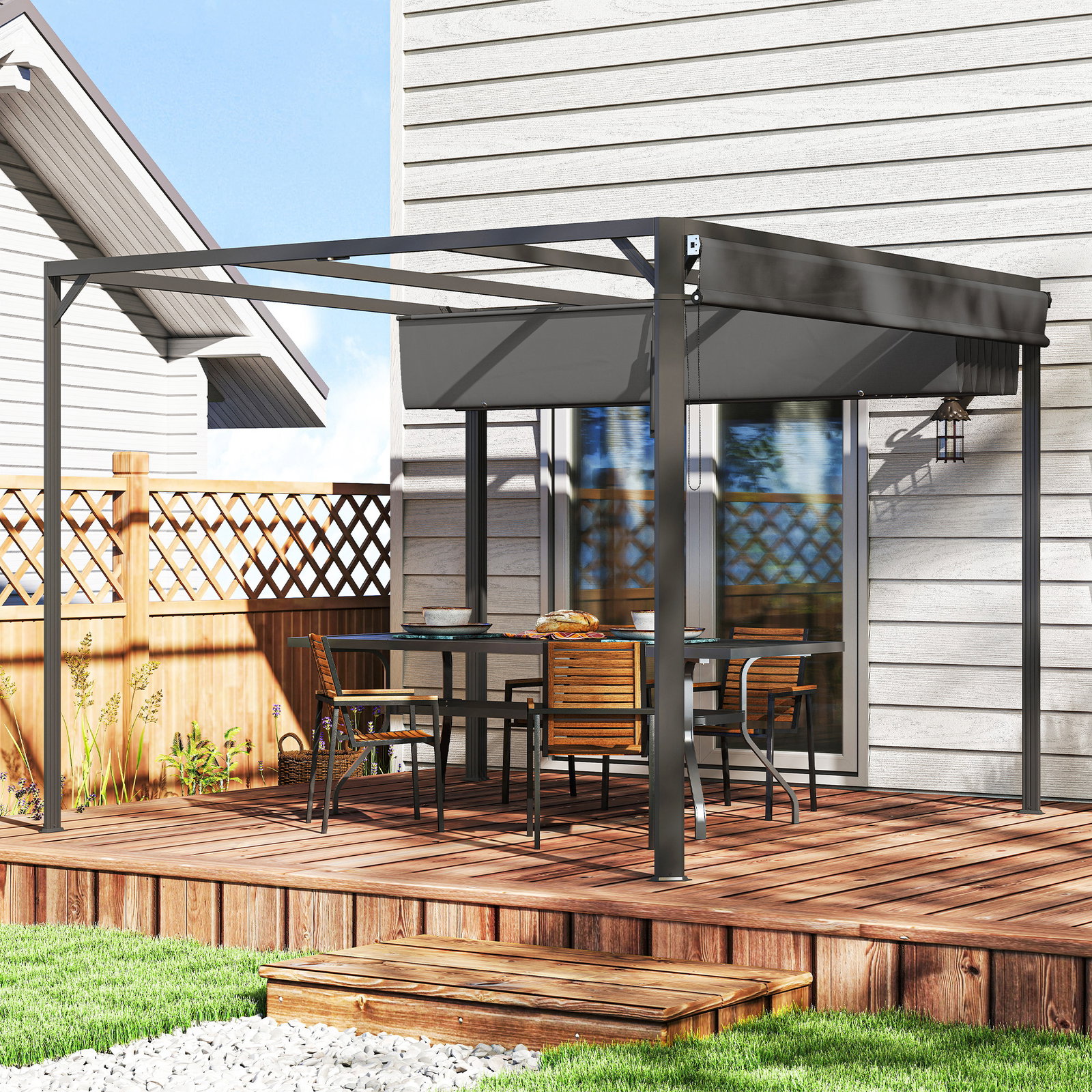 Pérgola de jardim de alumínio 3x3 m com teto retrátil e lateral enrolável upf30+ pérgola para exterior cinzento