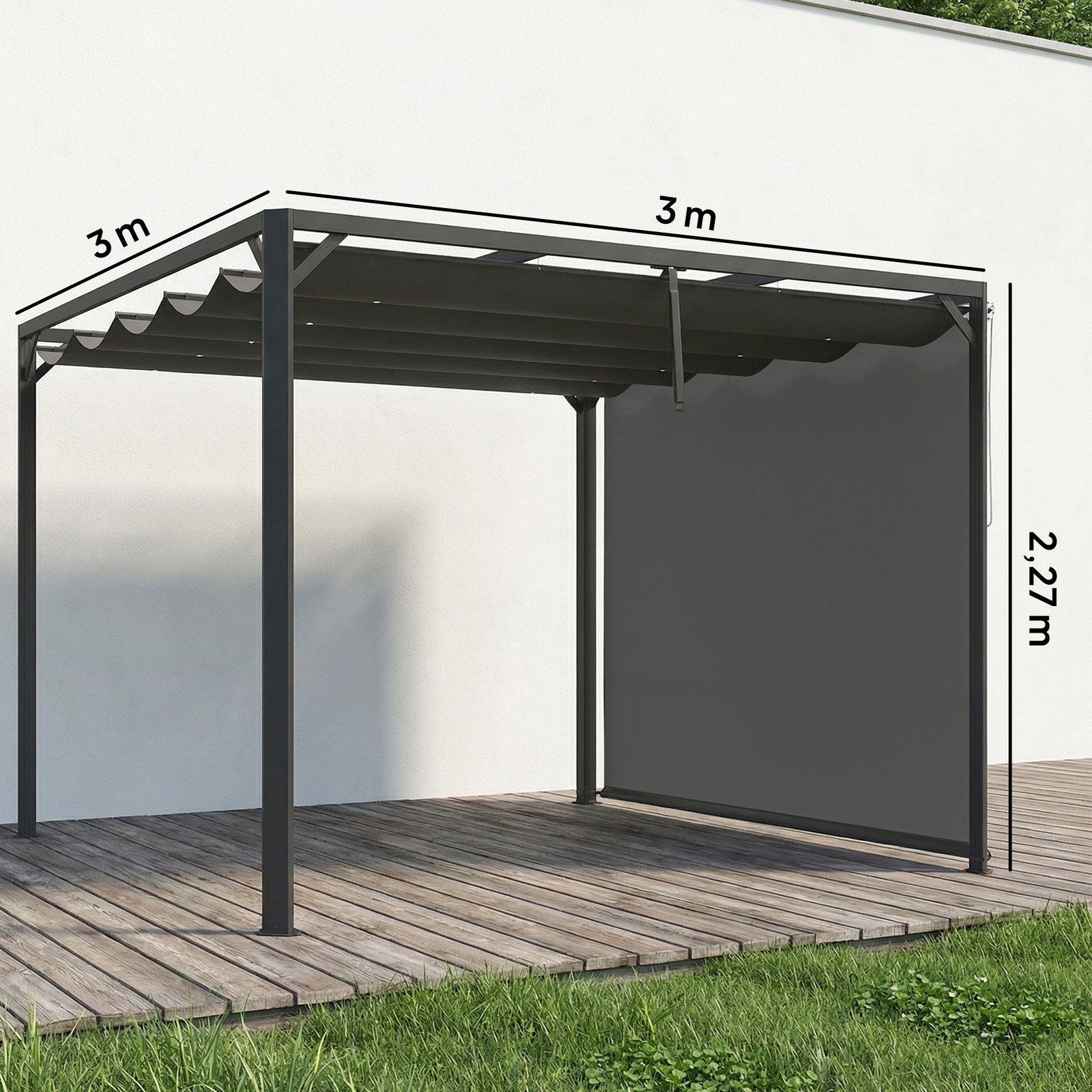 Pérgola de jardim de alumínio 3x3 m com teto retrátil e lateral enrolável upf30+ pérgola para exterior cinzento
