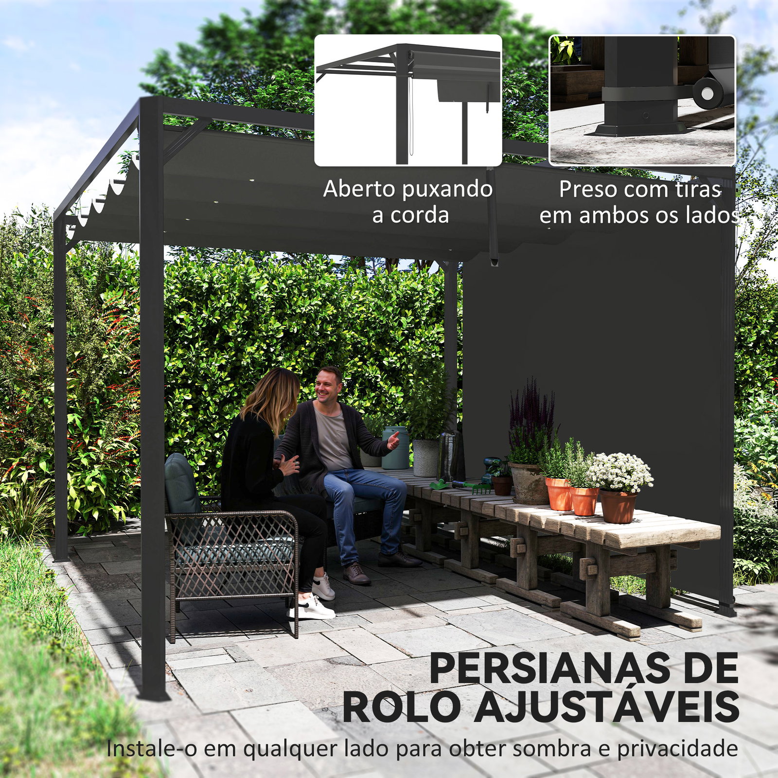 Pérgola de jardim de alumínio 3x3 m com teto retrátil e lateral enrolável upf30+ pérgola para exterior cinzento