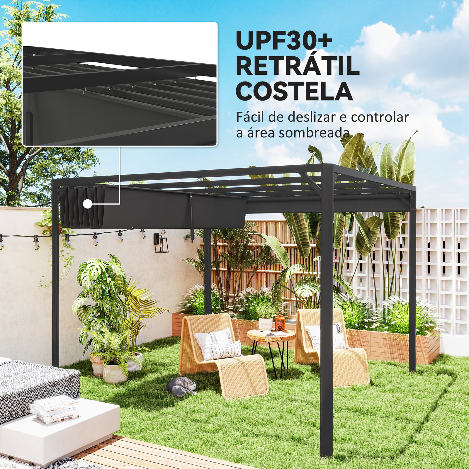 Pérgola de jardim de alumínio 3x3 m com teto retrátil e lateral enrolável upf30+ pérgola para exterior cinzento